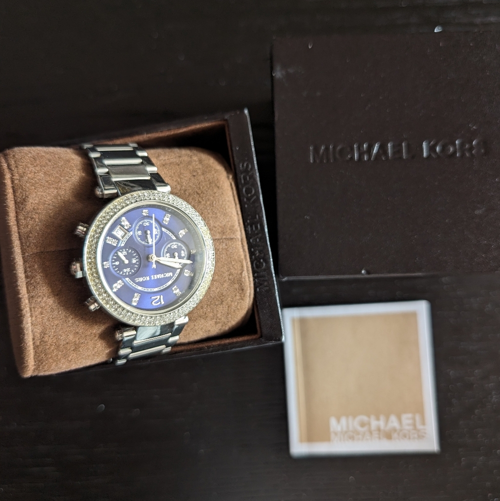 Michael Kors watch for women blue and silver design with sparkling gem halo